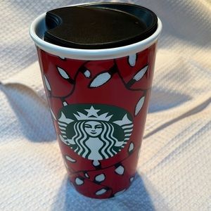 Starbucks 2016 holiday ceramic travel mug mermaid logo red festive light bulbs